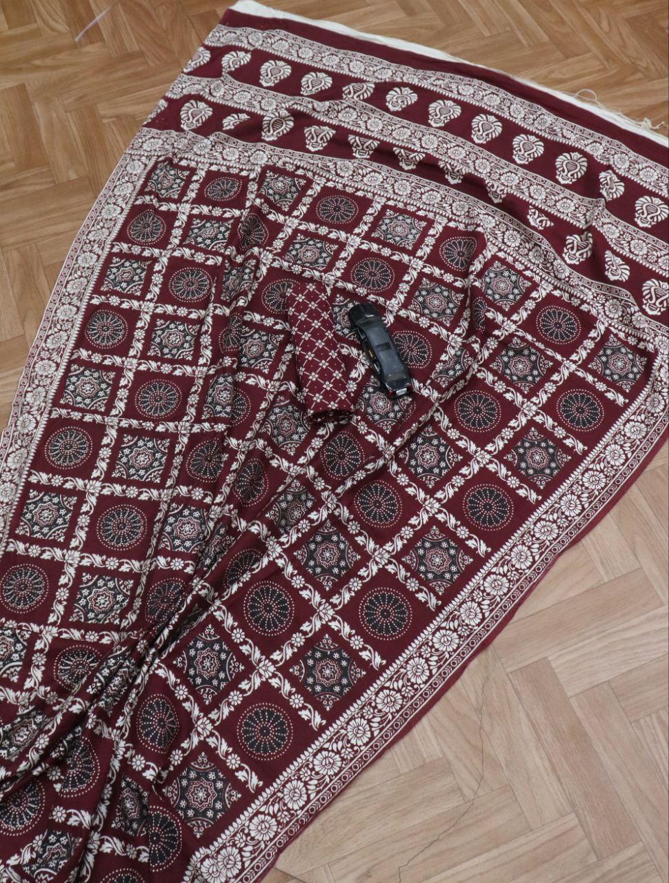 Ajrakh print Pure Malai chanderi saree