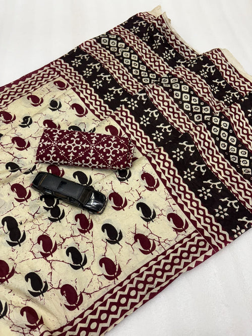 Ajrakh print Pure Malai chanderi saree