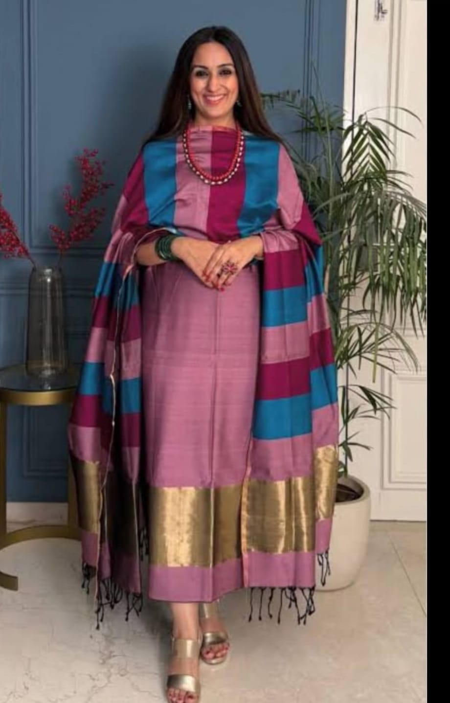 Pure Banarsi Plain suits with stripe dupatta